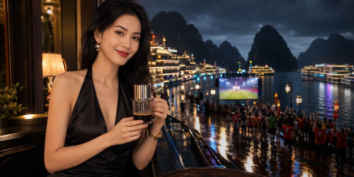 Người dùng ngồi uống cà phê nhìn ra Vịnh Hạ Long trong khi theo dõi kết quả cá cược trực tuyến